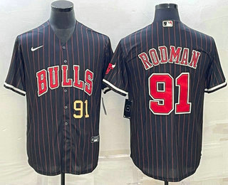 Men's Chicago Bulls #91 Dennis Rodman Number Black With Patch Cool Base Stitched Baseball Jersey