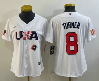 Women's USA Baseball #8 Trea Turner 2023 White World Classic Stitched Jersey