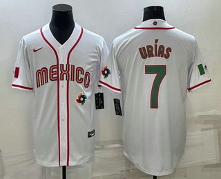 Men's Mexico Baseball #7 Julio Urias 2023 White Blue World Baseball Classic Stitched Jersey