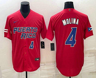 Mens Puerto Rico Baseball #4 Yadier Molina Number 2023 Red World Baseball Classic Stitched Jersey