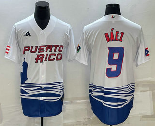 Men's Puerto Rico Baseball #9 Javier Baez White 2023 World Baseball Classic Stitched Jersey