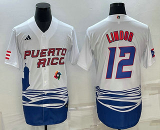 Men's Puerto Rico Baseball #23 Francisco Lindor White 2023 World Baseball Classic Stitched Jersey