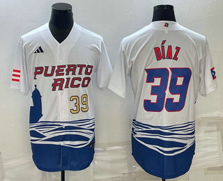 Men's Puerto Rico Baseball #39 Edwin Diaz Number 2023 White World Baseball Classic Stitched Jersey