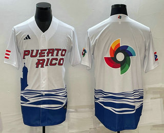 Men's Puerto Rico Baseball Big Logo White 2023 World Baseball Classic Stitched Jersey