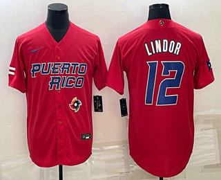 Men's Puerto Rico Baseball #12 Francisco Lindor 2023 Red World Baseball Classic Stitched Jersey