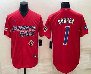 Men's Puerto Rico Baseball #1 Carlos Correa 2023 Red World Baseball Classic Stitched Jersey