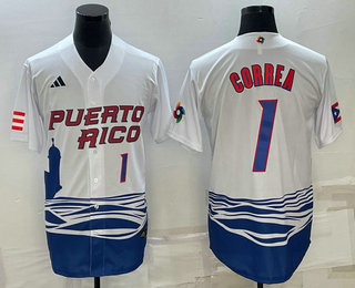 Mens Puerto Rico Baseball #1 Carlos Correa Number White 2023 World Baseball Classic Stitched Jersey