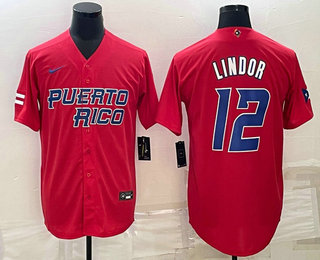 Men's Puerto Rico Baseball #12 Francisco Lindor 2023 Red World Baseball Classic Stitched Jerseys