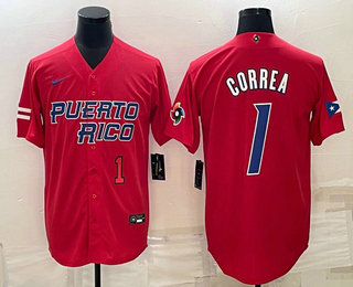 Men's Puerto Rico Baseball #1 Carlos Correa Number 2023 Red World Baseball Classic Stitched Jersey