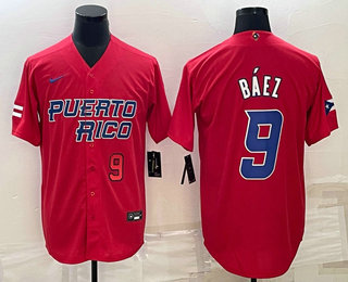 Mens Puerto Rico Baseball #9 Javier Baez Number 2023 Red World Baseball Classic Stitched Jersey