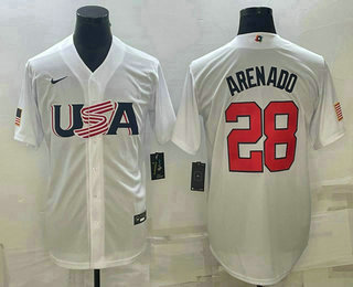 Men's USA Baseball #28 Nolan Arenado 2023 White World Baseball Classic Replica Stitched Jersey