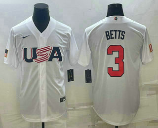 Men's USA Baseball #3 Mookie Betts 2023 White World Baseball Classic Replica Stitched Jersey