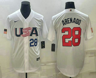 Men's USA Baseball #28 Nolan Arenado Number 2023 White World Baseball Classic Replica Stitched Jerseys