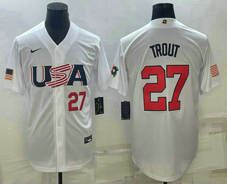 Men's USA Baseball #27 Mike Trout Number 2023 White World Baseball Classic Replica Stitched Jersey