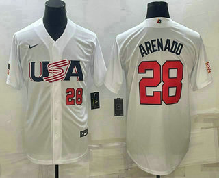 Men's USA Baseball #28 Nolan Arenado Number 2023 White World Baseball Classic Replica Stitched Jersey