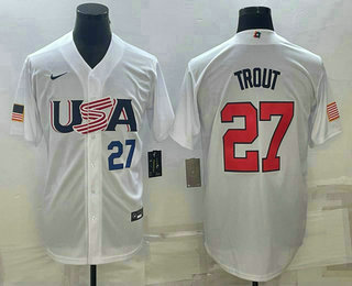 Mens USA Baseball #27 Mike Trout Number 2023 White World Baseball Classic Replica Stitched Jersey