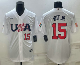 Men's USA Baseball #15 Bobby Witt Jr Number 2023 White World Baseball Classic Replica Stitched Jersey