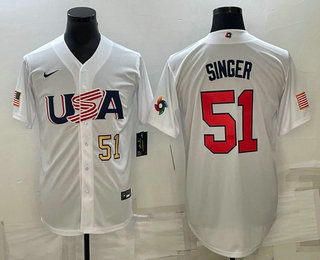 Men's USA Baseball #51 Brady Singer Number 2023 White World Baseball Classic Stitched Jerseys