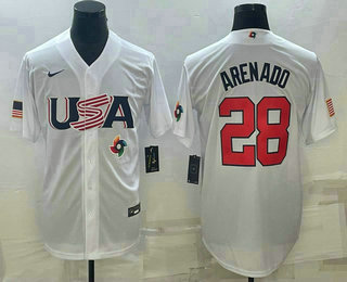 Men's USA Baseball #28 Nolan Arenado Number 2023 White World Baseball Classic Replica Stitched Jersey1