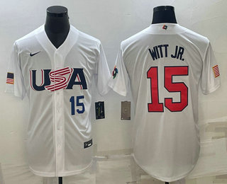 Men's USA Baseball #15 Bobby Witt Jr Number 2023 White World Baseball Classic Replica Stitched Jerseys