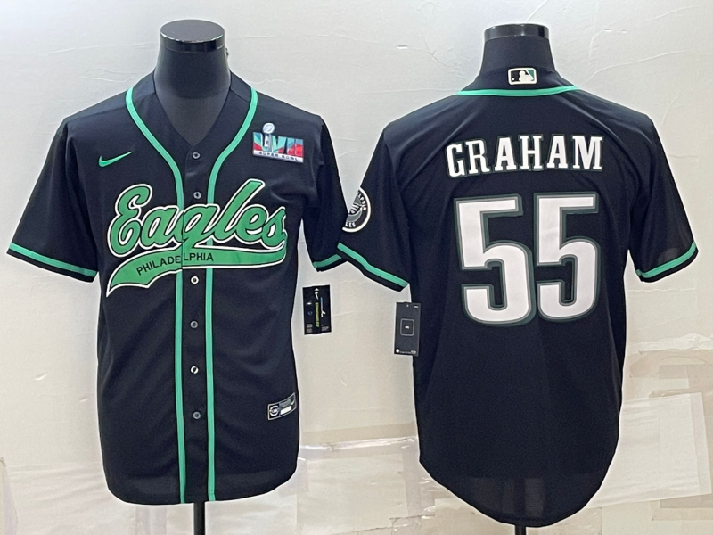 Men's Philadelphia Eagles #55 Brandon Graham Black With Super Bowl LVII Patch Cool Base Stitched Baseball Jersey