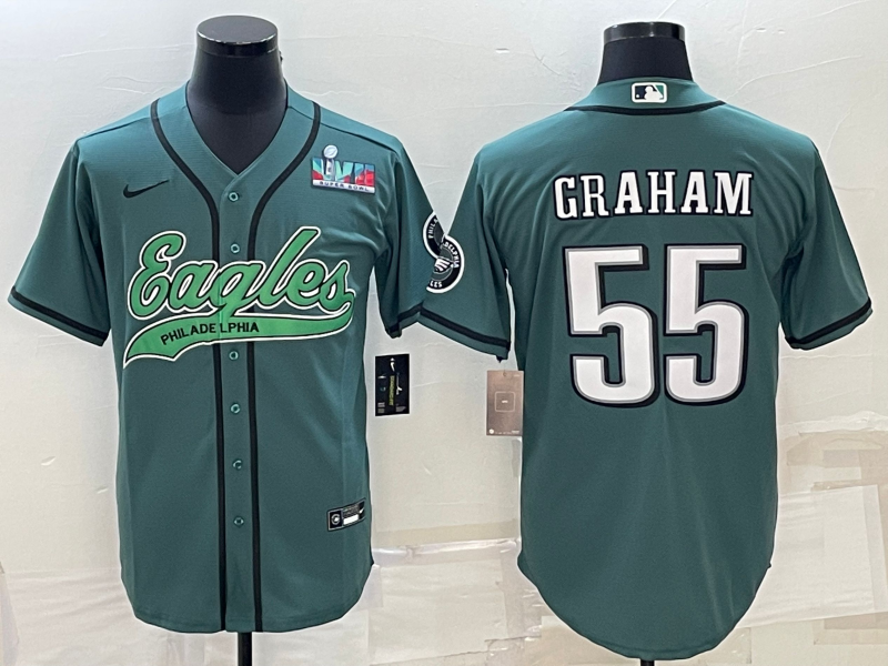 Men's Philadelphia Eagles #55 Brandon Graham Green With Super Bowl LVII Patch Cool Base Stitched Baseball Jersey