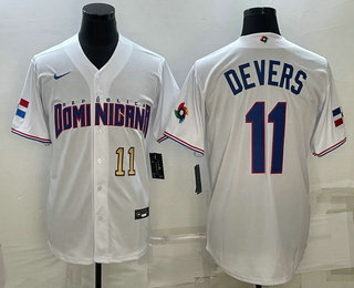 Mens Dominican Republic Baseball #11 Rafael Devers Number 2023 White World Baseball Classic Stitched Jersey