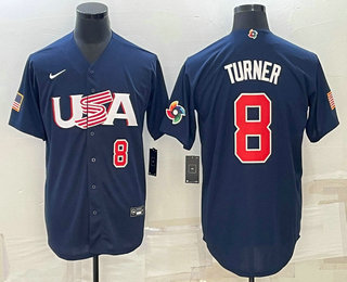 Men's USA Baseball #8 Trea Turner Number 2023 Navy World Baseball Classic Stitched Jerseys