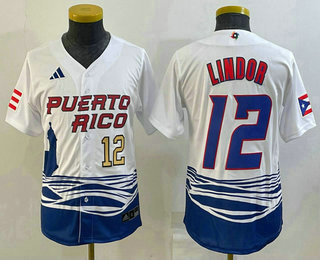 Youth Puerto Rico Baseball #12 Francisco Lindor Number 2023 White World Baseball Classic Stitched Jersey1