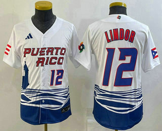 Youth Puerto Rico Baseball #12 Francisco Lindor Number 2023 White World Baseball Classic Stitched Jerseys