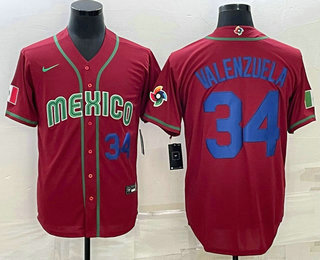 Men's Mexico Baseball #34 Fernando Valenzuela Number 2023 Red Blue World Baseball Classic Stitched Jerseys