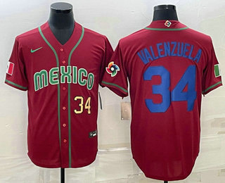 Men's Mexico Baseball #34 Fernando Valenzuela Number 2023 Red Blue World Baseball Classic Stitched Jersey2