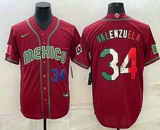 Men's Mexico Baseball #34 Fernando Valenzuela Number 2023 Red Blue World Baseball Classic Stitched Jersey