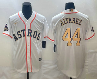 Men's Houston Astros #44 Yordan Alvarez 2023 White Gold World Serise Champions Patch Cool Base Stitched Jersey