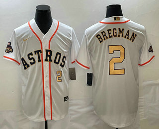 Men's Houston Astros #2 Alex Bregman Number 2023 White Gold World Serise Champions Patch Cool Base Stitched Jersey