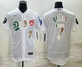 Mens Los Angeles Dodgers #7 Julio Urias Number White With Vin Scully Patch Flex Base Stitched Baseball Jersey