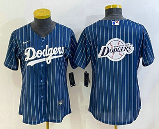 Women's Los Angeles Dodgers Big Logo Navy Blue Pinstripe Stitched MLB Cool Base Nike Jersey