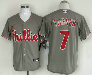 Men's Philadelphia Phillies #7 Trea Turner Grey Cool Base Stitched Baseball Jersey