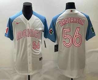 Mens Mexico Baseball #56 Randy Arozarena Number 2023 White Blue World Classic Stitched Jersey