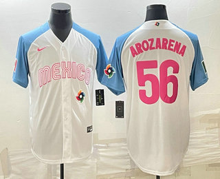 Men's Mexico Baseball #56 Randy Arozarena 2023 White Blue World Classic Stitched Jersey1