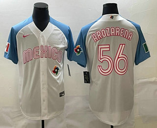 Men's Mexico Baseball #56 Randy Arozarena 2023 White Blue World Classic Stitched Jersey3