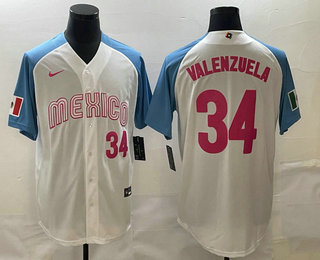 Men's Mexico Baseball #34 Fernando Valenzuela Number 2023 White Blue World Classic Stitched Jersey