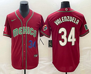 Men's Mexico Baseball #34 Fernando Valenzuela Number 2023 Red Blue World Baseball Classic Stitched Jersey