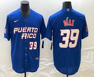 Mens Puerto Rico Baseball #39 Edwin Diaz Number 2023 Blue World Baseball Classic Stitched Jersey