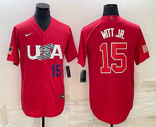 Men's USA Baseball #15 Bobby Witt Jr Number 2023 Red World Baseball Classic Stitched Jersey