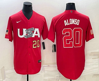 Men's USA Baseball #20 Pete Alonso Number 2023 Red World Classic Stitched Jerseys