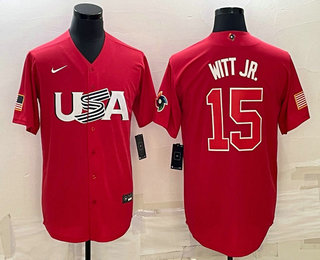 Men's USA Baseball #15 Bobby Witt Jr 2023 Red World Baseball Classic Stitched Jersey