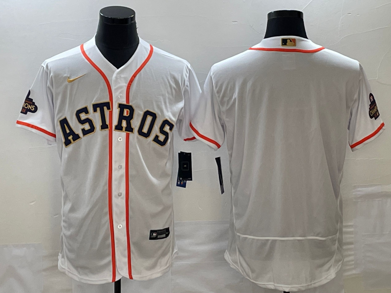 Men's Houston Astros Blank 2023 White Gold World Serise Champions Patch Flex Base Stitched Jersey