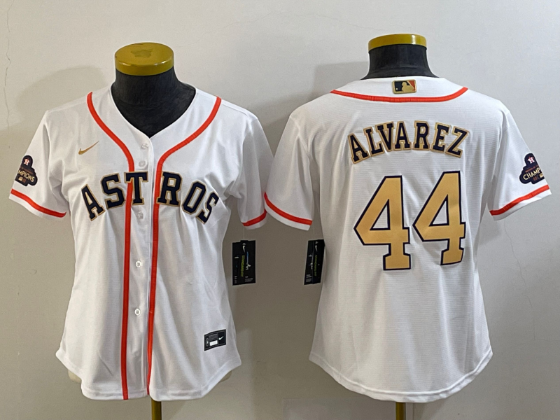 Women's Houston Astros #44 Yordan Alvarez 2023 White Gold World Serise Champions Patch Cool Base Stitched Jersey