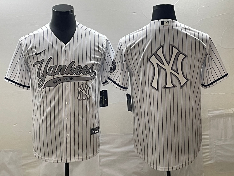 Men's New York Yankees Big Logo White Pinstripe Cool Base Stitched Baseball Jersey